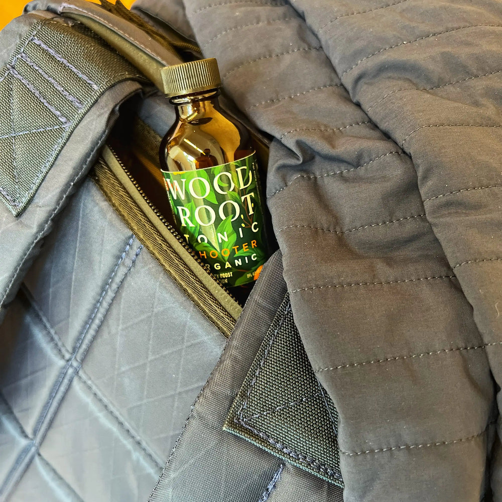 
                  
                    Woodroot Tonic shooter in a backpack being taken to work.
                  
                