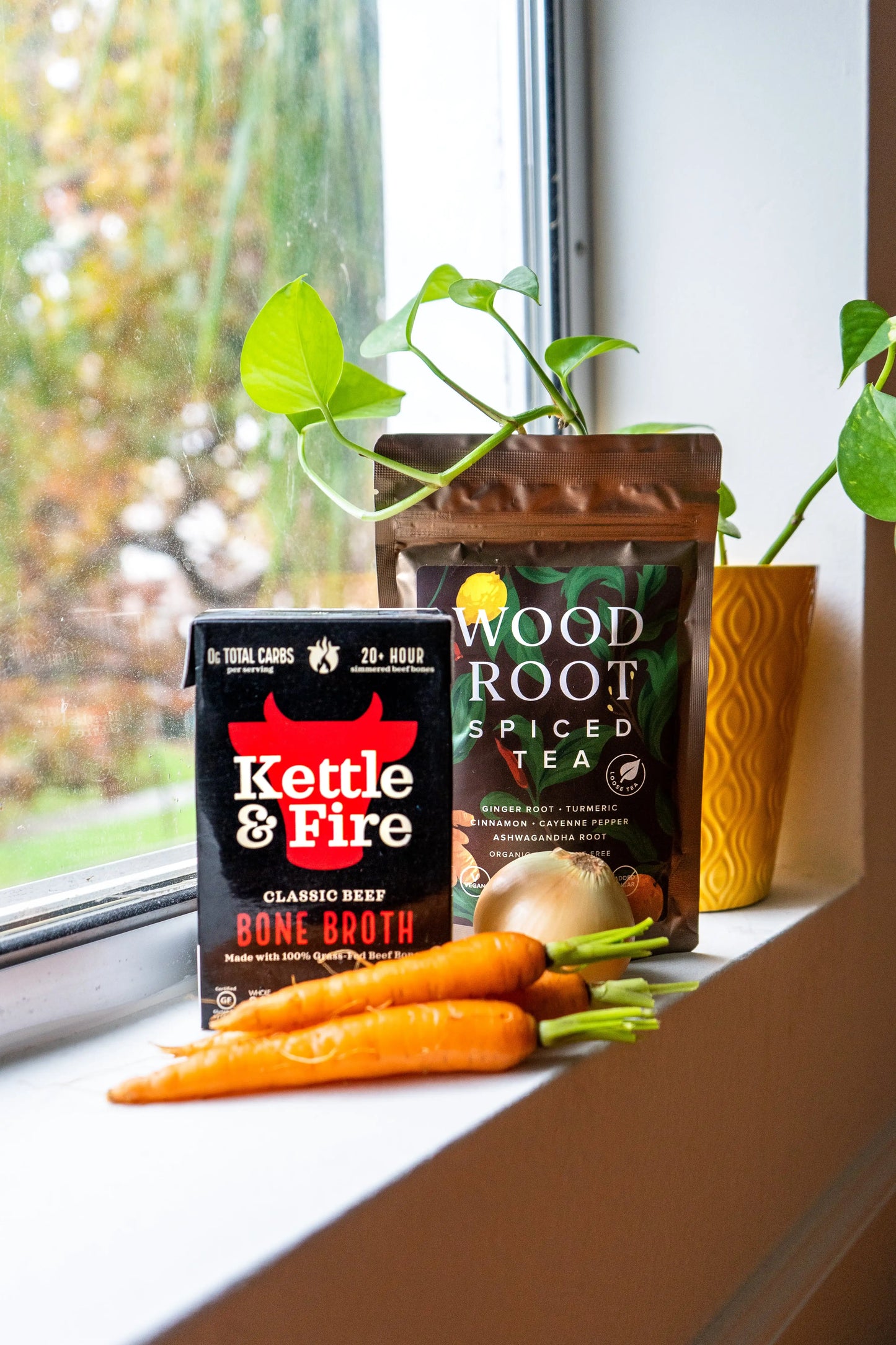 Woodroot Spiced Tea mixed with bone broth to create a hearty warm drink to promote health.