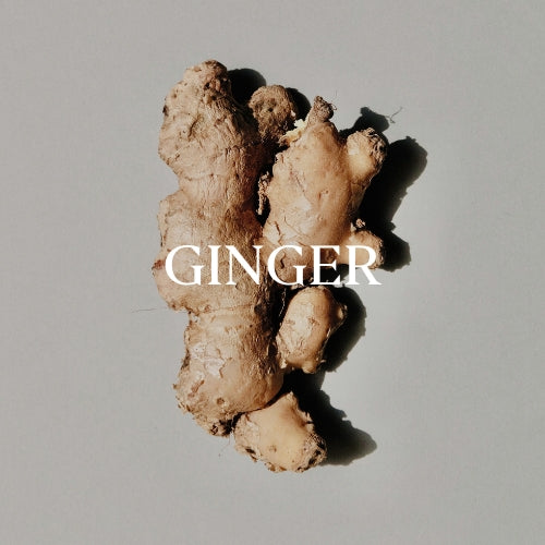 Raw ginger root with the word 'GINGER' overlaid on a neutral background.