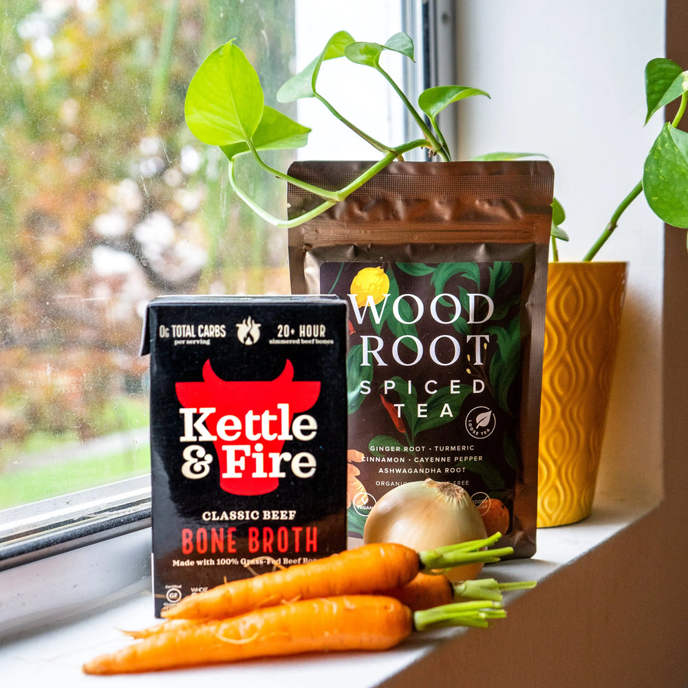 Woodroot Spiced tea photographed next to Kettle & Fire Bone Broth to make a delicious healthy snack. 