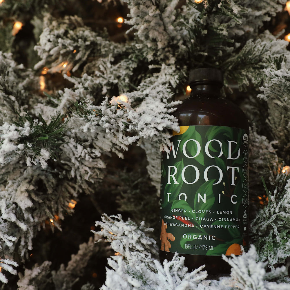 Woodroot Tonic in a Christmas Tree, the perfect gift for natural gut health.