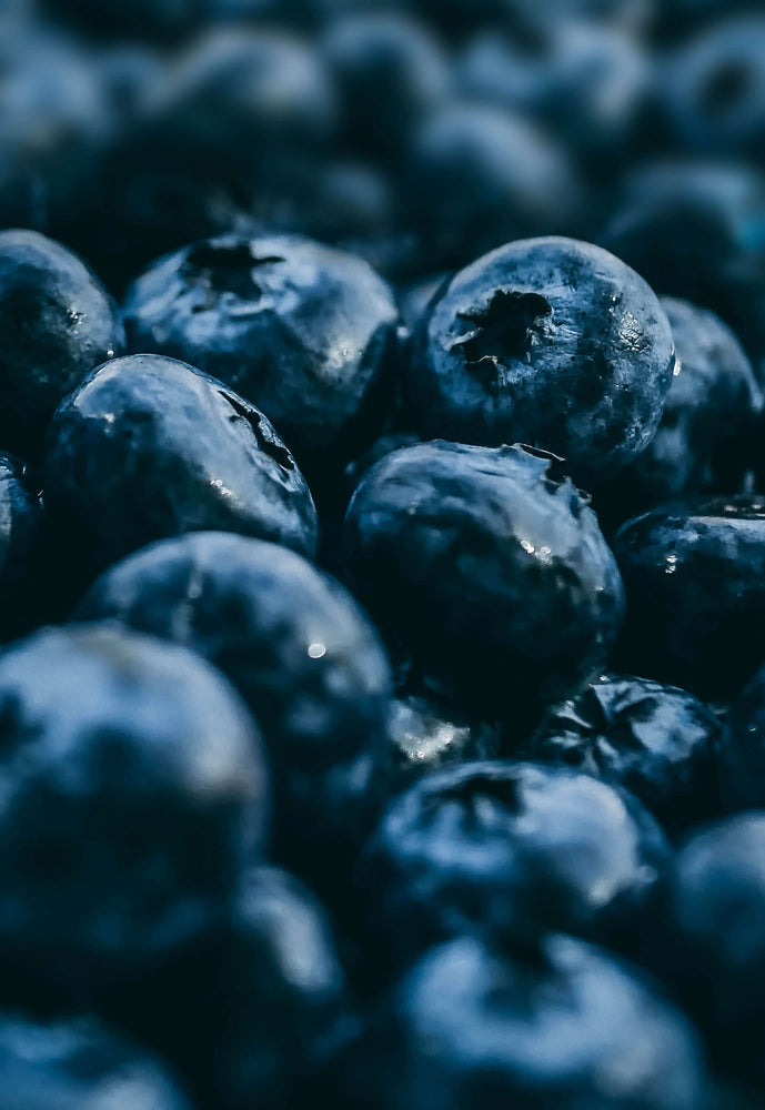 Close-up of juicy blueberries, known for their role in reducing anxiety and cortisol levels as part of a food-as-medicine approach.