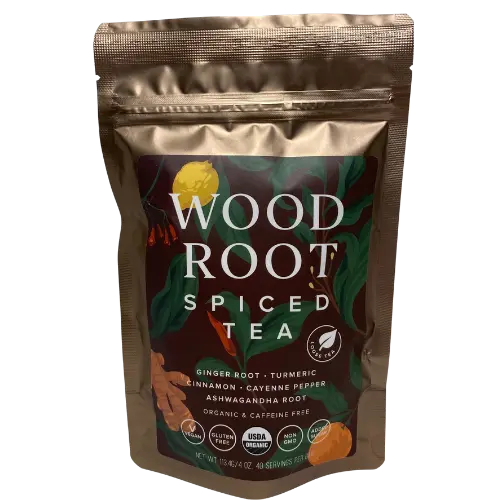woodroot spiced tea packaging close up.
