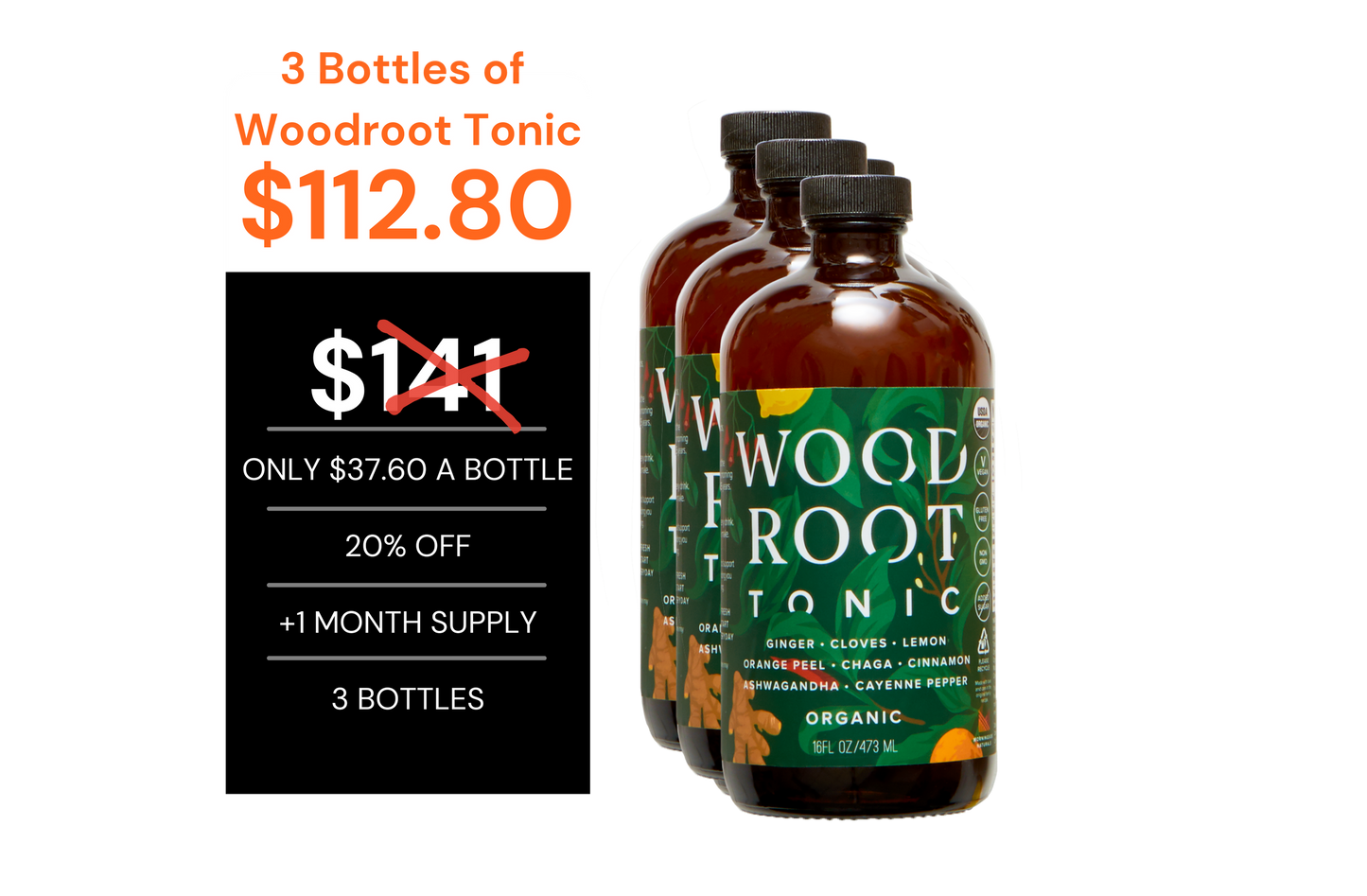 3 Bottles of Woodroot Tonic - Morningside Naturals